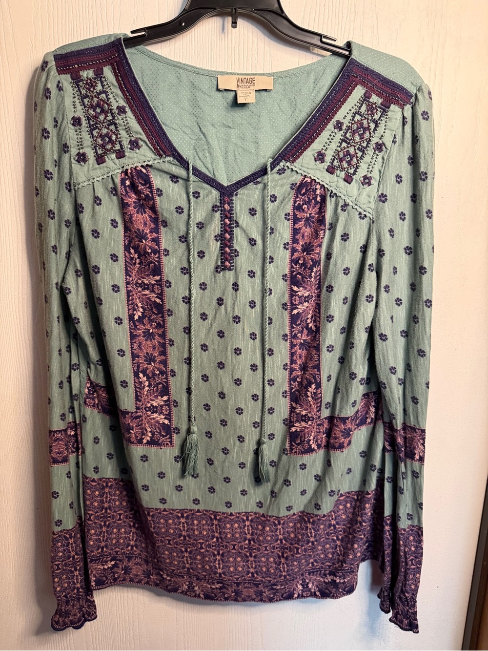 Vintage-Inspired Teal Green & Purple Embroidered Women's Blouse